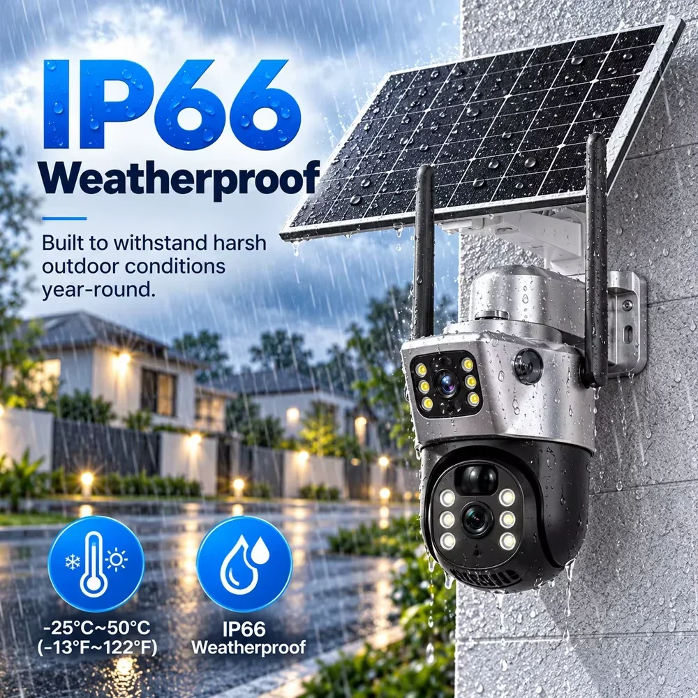 Solar WiFi Security Camera System 4K 10CH NVR 10 Inch Screen 4 Dual Lens PTZ Cameras IP66 Motion Detection EseeCloud App Outdoo