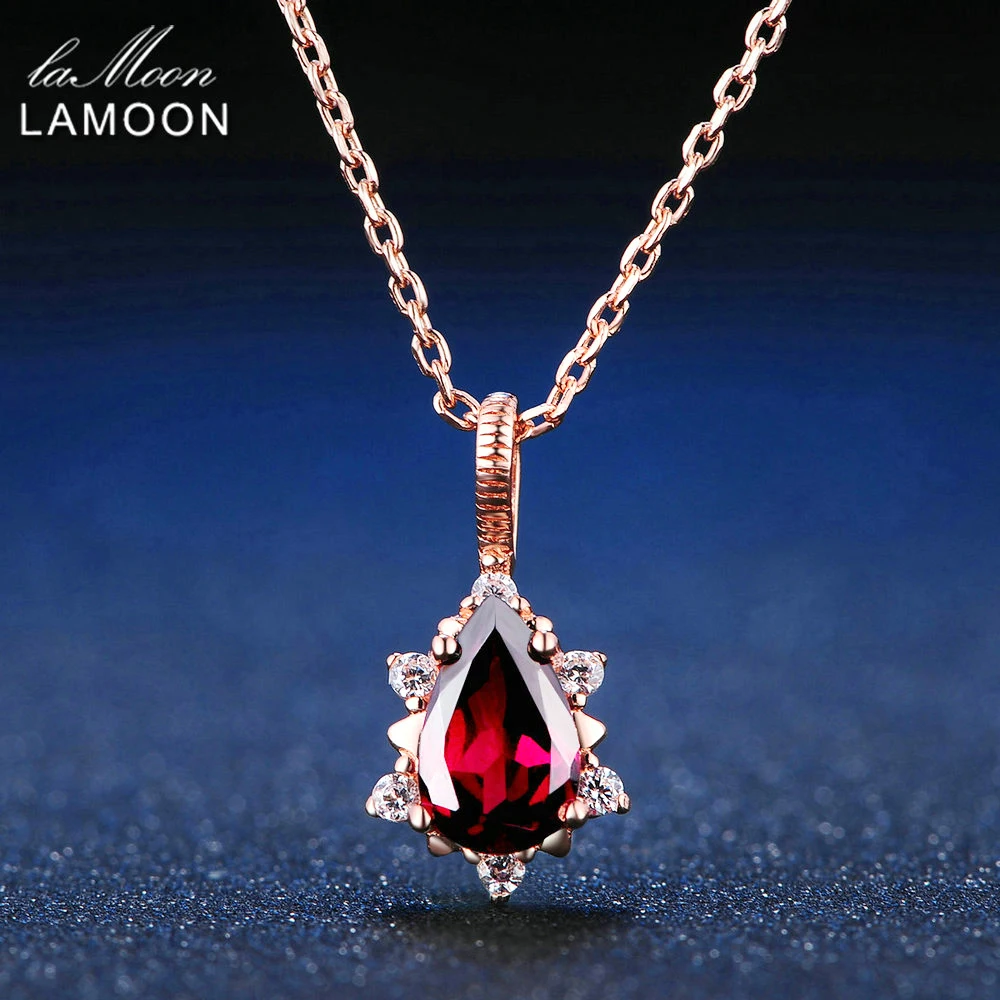 LAMOON 925 Sterling Silver Necklace Teardrop Garnet Pyrope Gemstone Pendant Necklace 18K Rose Gold Plated Fine Jewelry LMNI024