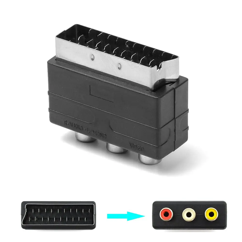 1 buah hitam 21PIN Scart steker laki-laki ke 3RCA Phono perempuan AV TV Audio adaptor Video Input untuk PS4 untuk WII DVD VCR