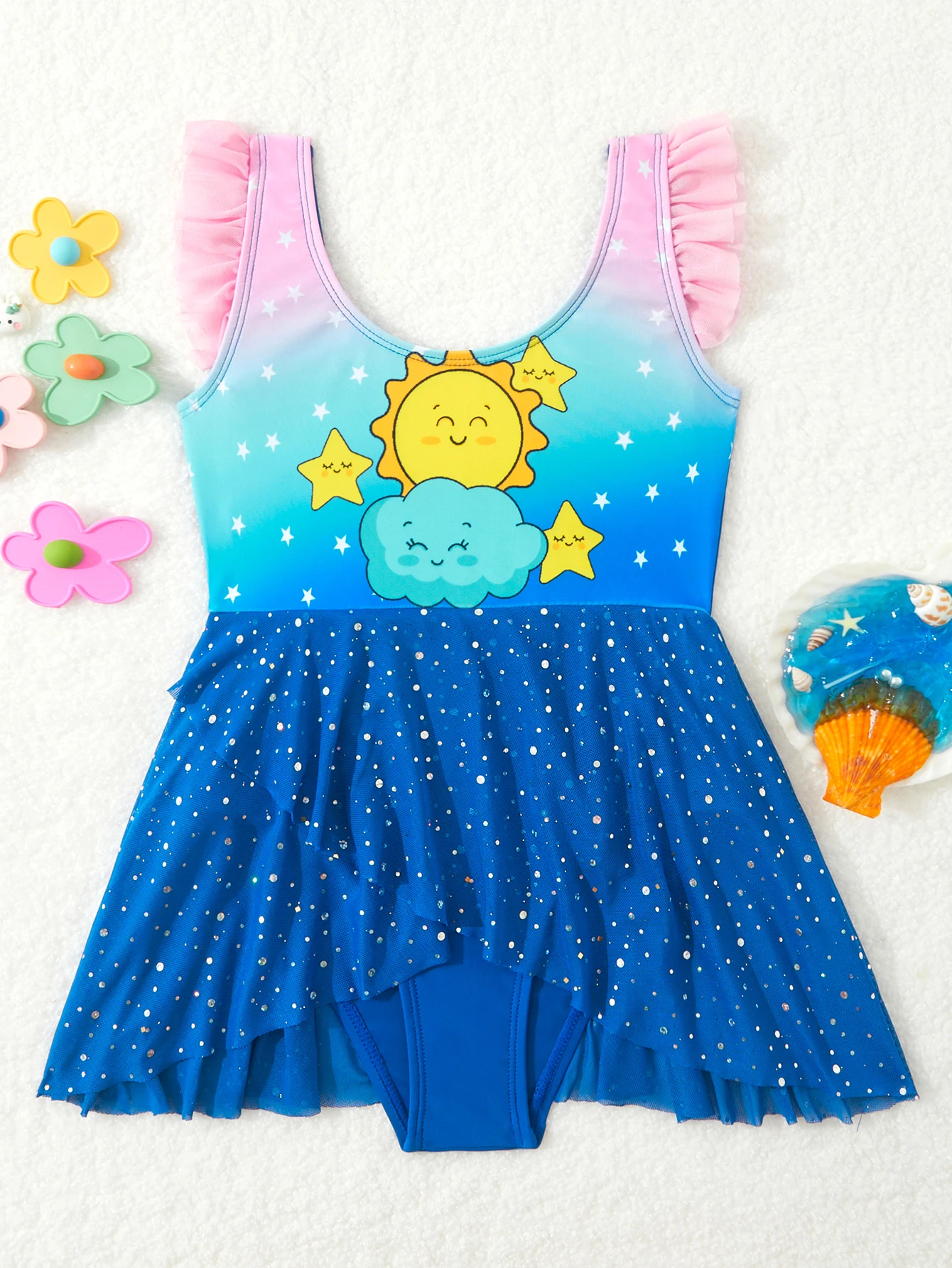 

2026 Girls Printed Ruffle Swimsuit One Piece Kids Beach Dress Strappy Swimwear Children Swimming Bathing Swim Suit Beachwear