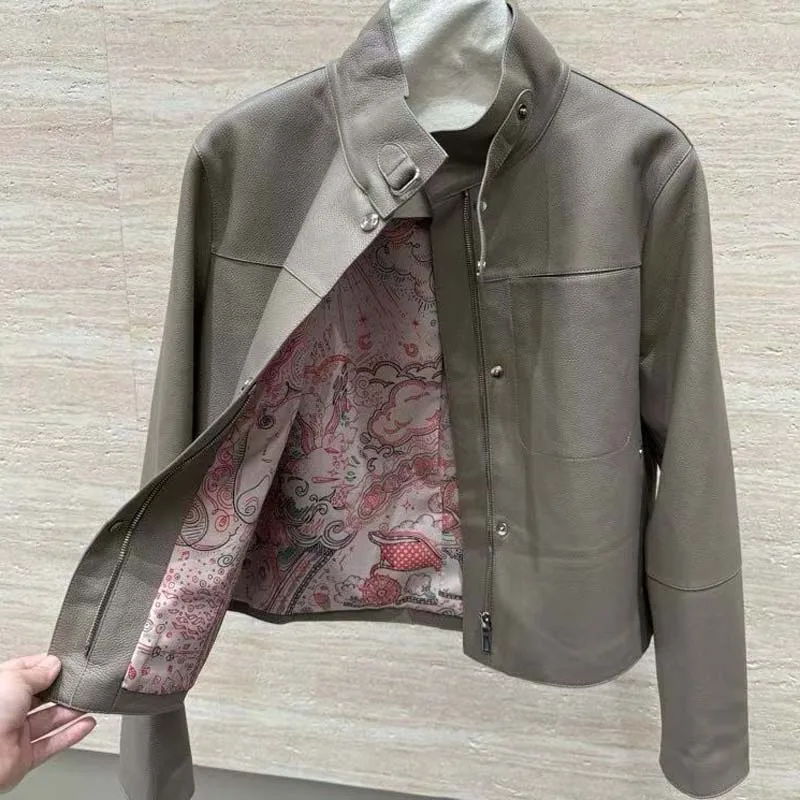 genuine leather jacket short length 2026 new fashion Soft and gentle Lychee-patterned sheepskin grey  black