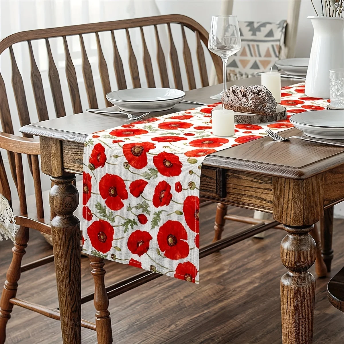 Red Floral Blossom Printed Table Runner -  Spring Garden Indoor Outdoor Party Home Decor Essential