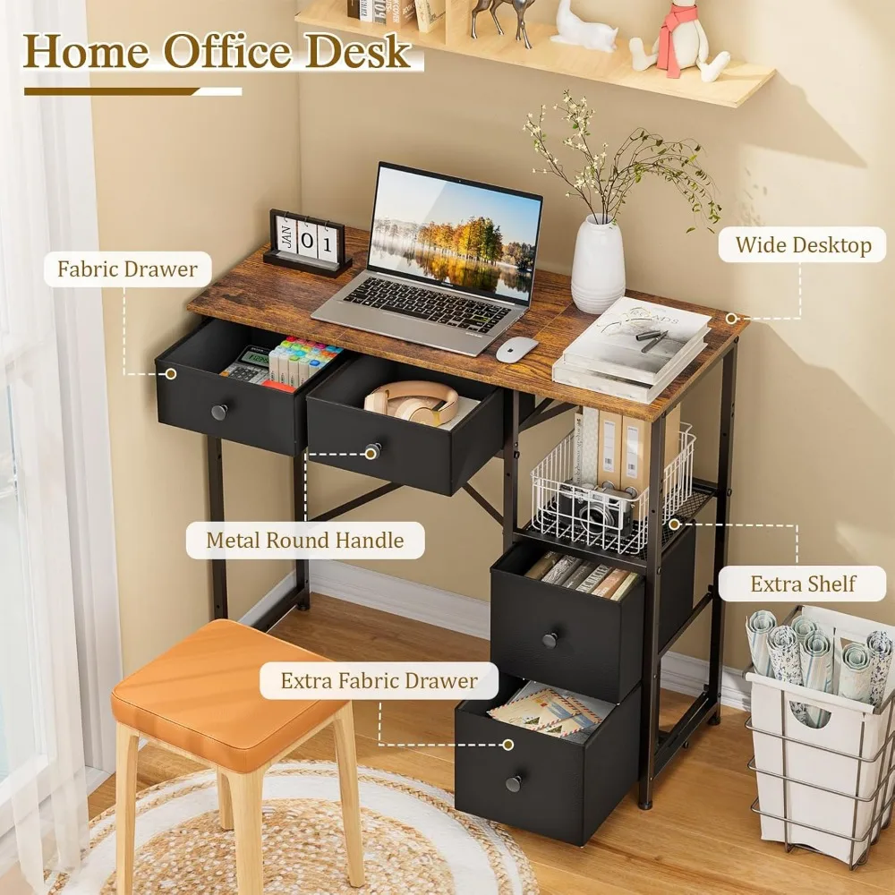 Small Computer Desk with 4 Fabric Drawers, Simple Writing Desk for Home Office, Compact Study Desks for Small Spaces, Kids Desk