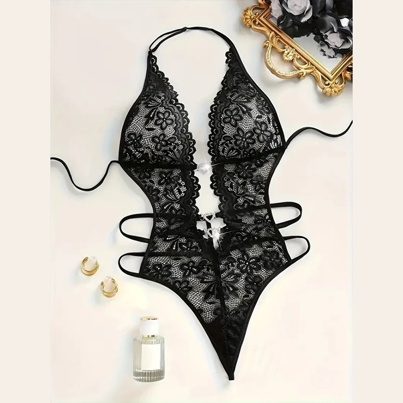 Erotic Sexy Bodysuit Costume Teddy Baby Doll Lace Dress Sexy Lingerie Naked Woman Sleepwears Open Crotch Sheer Underwear Pajamas