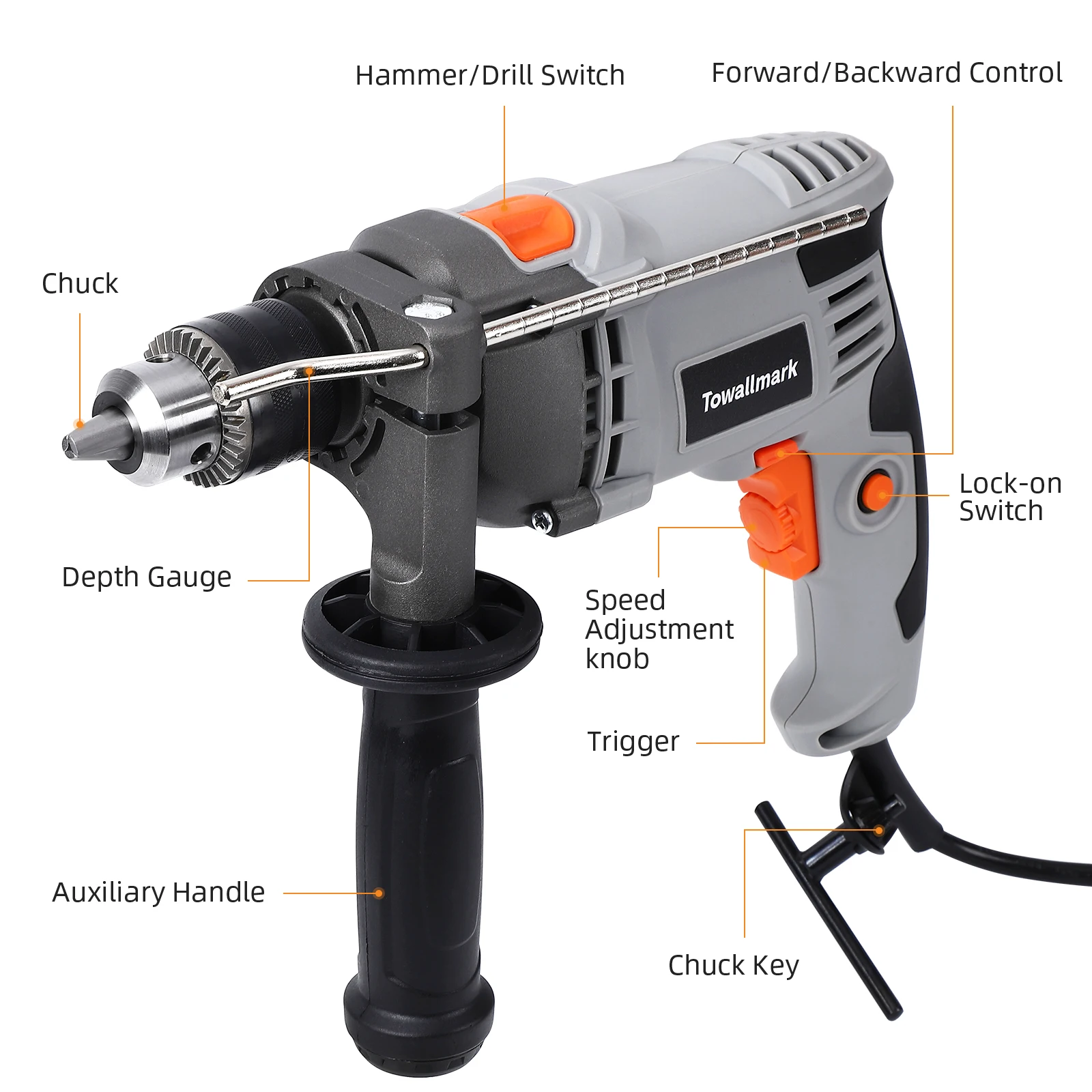 Powerful 7.5-Amp Hammer Drill with Adjustable Bit up to 13mm,360° Adjustable Handle,Lock-on Button, Ideal DIY Tool for Home