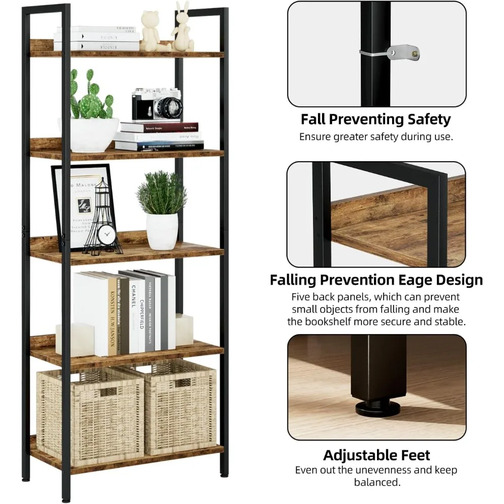 5 Tier Bookshelves, Home Office Bookcase Shelf Storage Organizer, Free Standing Storage Shelving Unit for Bedroom, Living Room