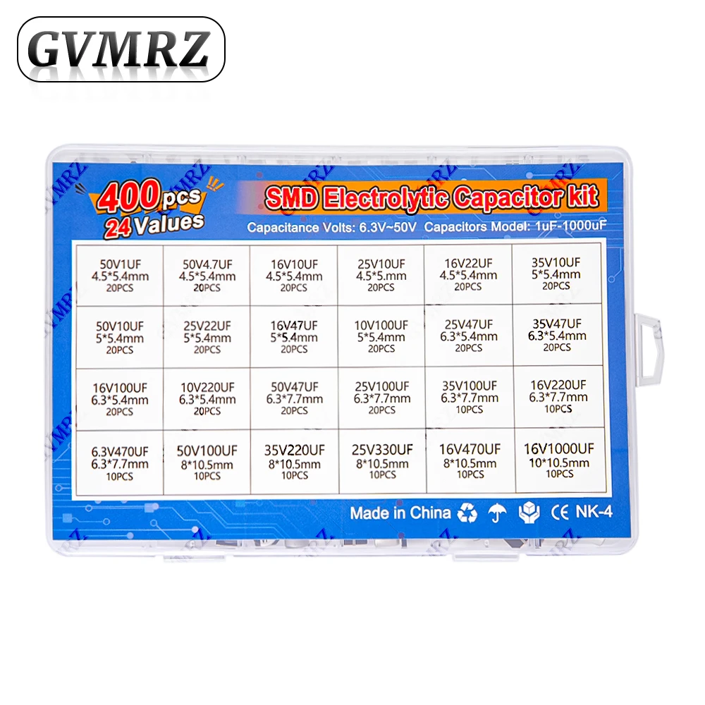 

400 шт., 24 значения, комплект электролитических конденсаторов SMD 1 мкФ-1000 мкФ 6,3 В-50 В для комплекта электроники