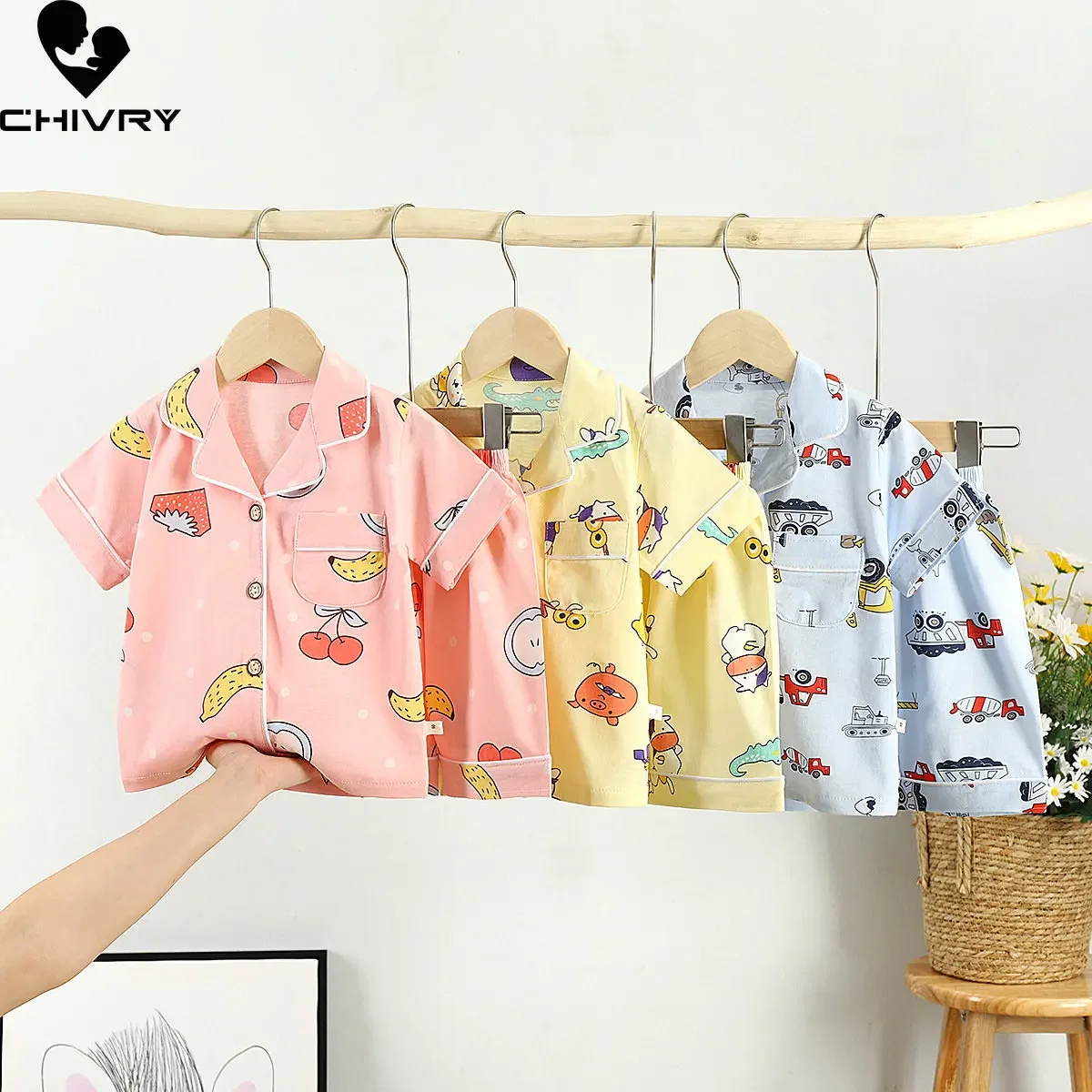 New 2023 Kids Boys Girls Pajamas Cartoon Short Sleeve Lapel Shirt Tops with Shorts Baby Spring Summer Sleeping Clothing Sets