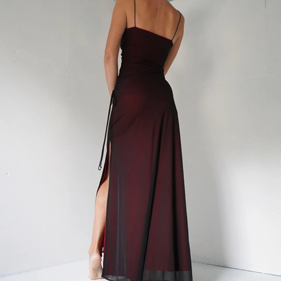 Vestido de fiesta de tul con tirantes finos para mujer, traje Sexy de sirena con abertura lateral alta, largo hasta el suelo, color rojo oscuro, 2023