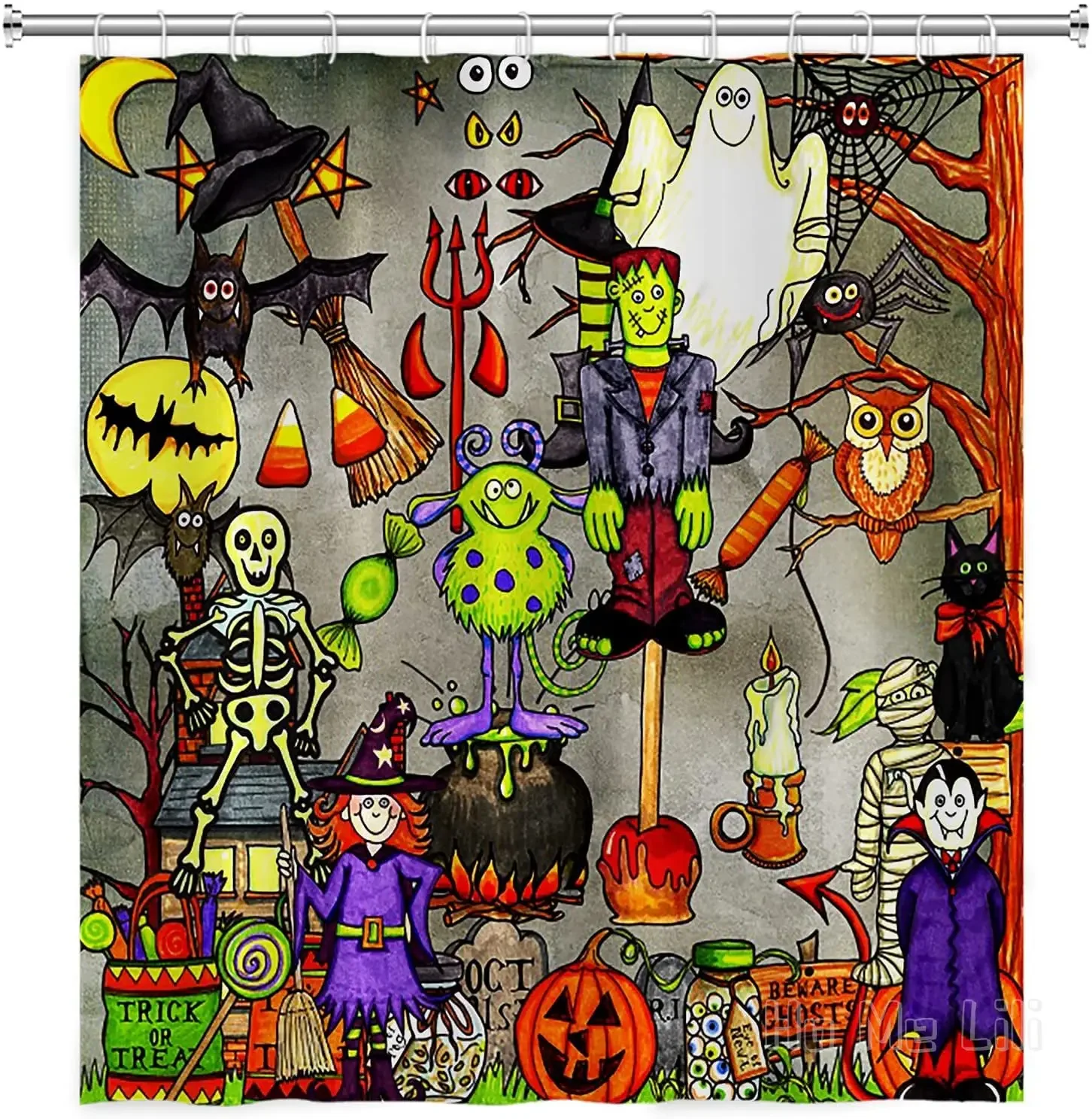 Funny Halloween Shower Curtains For Kids Creepy Zombie Skull Bat And Spider Web In Haunted House Children Bathroom Decor