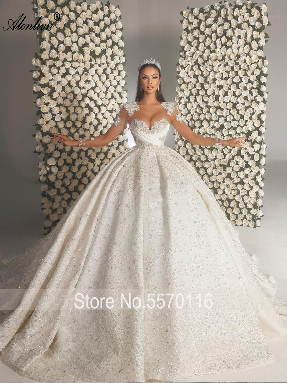 Alonlivn sur mesure luxe princesse robes de mariée Illusion cou perles broderie dentelle robe de bal robes de mariée