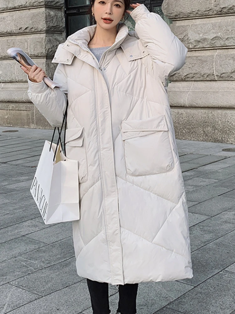 Parkas de algodão extragrandes para baixo feminino, casacos longos quentes, jaqueta acolchoada, sobretudo solto casual, moda feminina, elegante, inverno