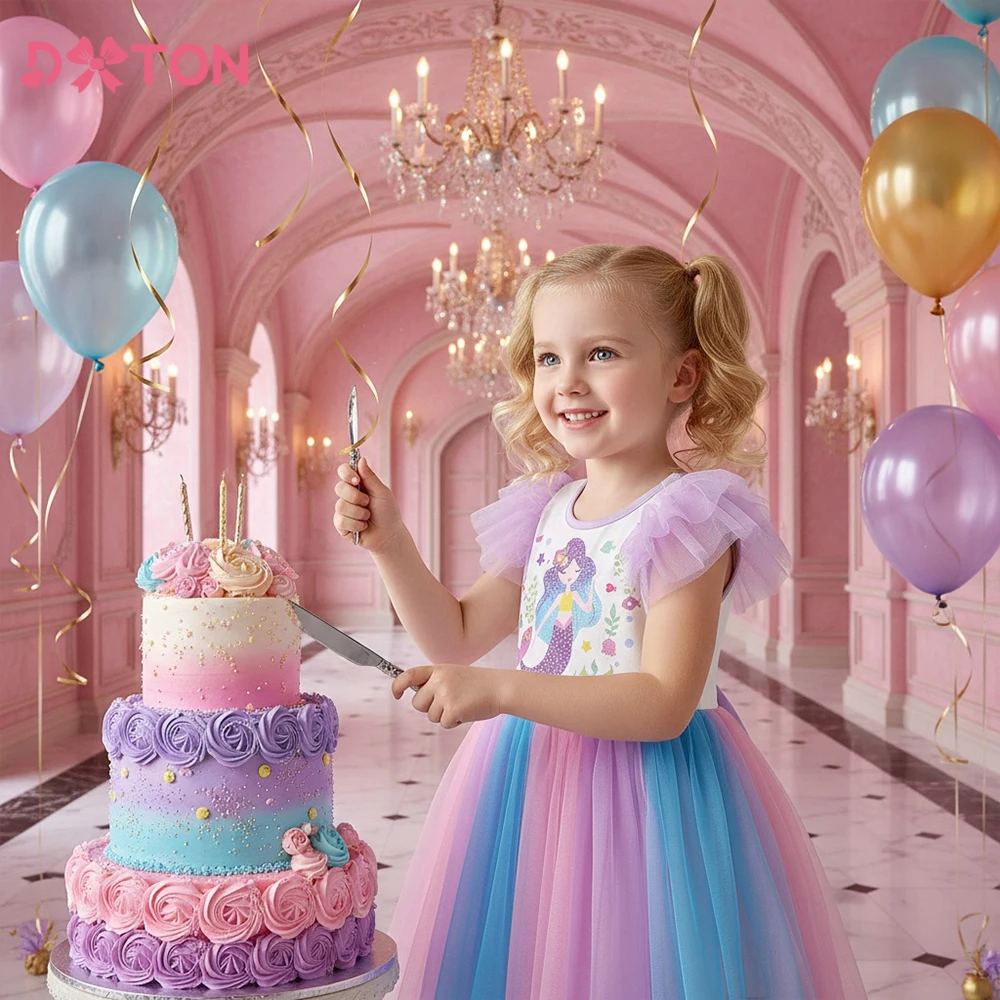 DXTON طفل الفتيات ملابس الحفلات حورية البحر الاطفال توتو فستان الأميرة اللون شبكة المرقعة الصيف مدرسة حفلة بنات فستان مكشكش #1