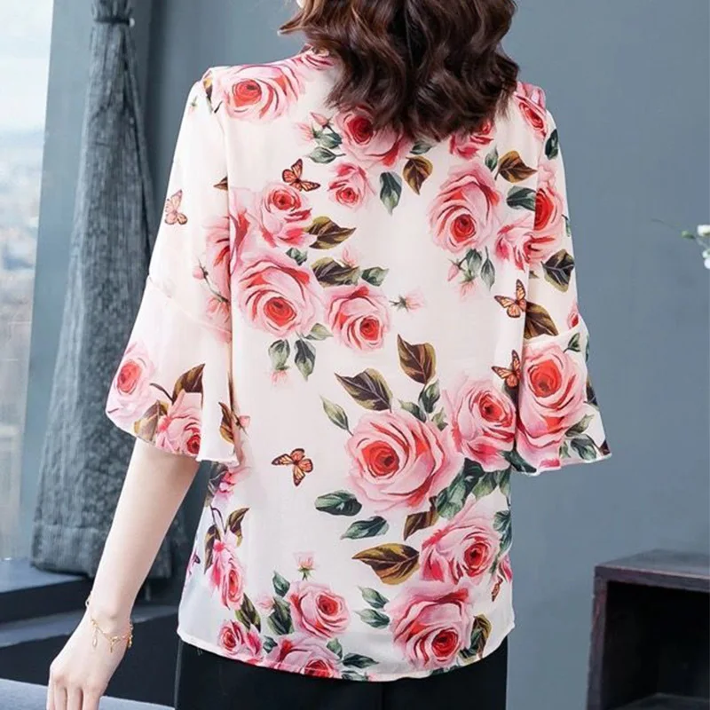 Elegant Fashion Floral Printed Bow Drawstring Chiffon Shirt Summer 2023 V-Neck Three Quarter Sleeve Slim Blouse Women\'s Clothing