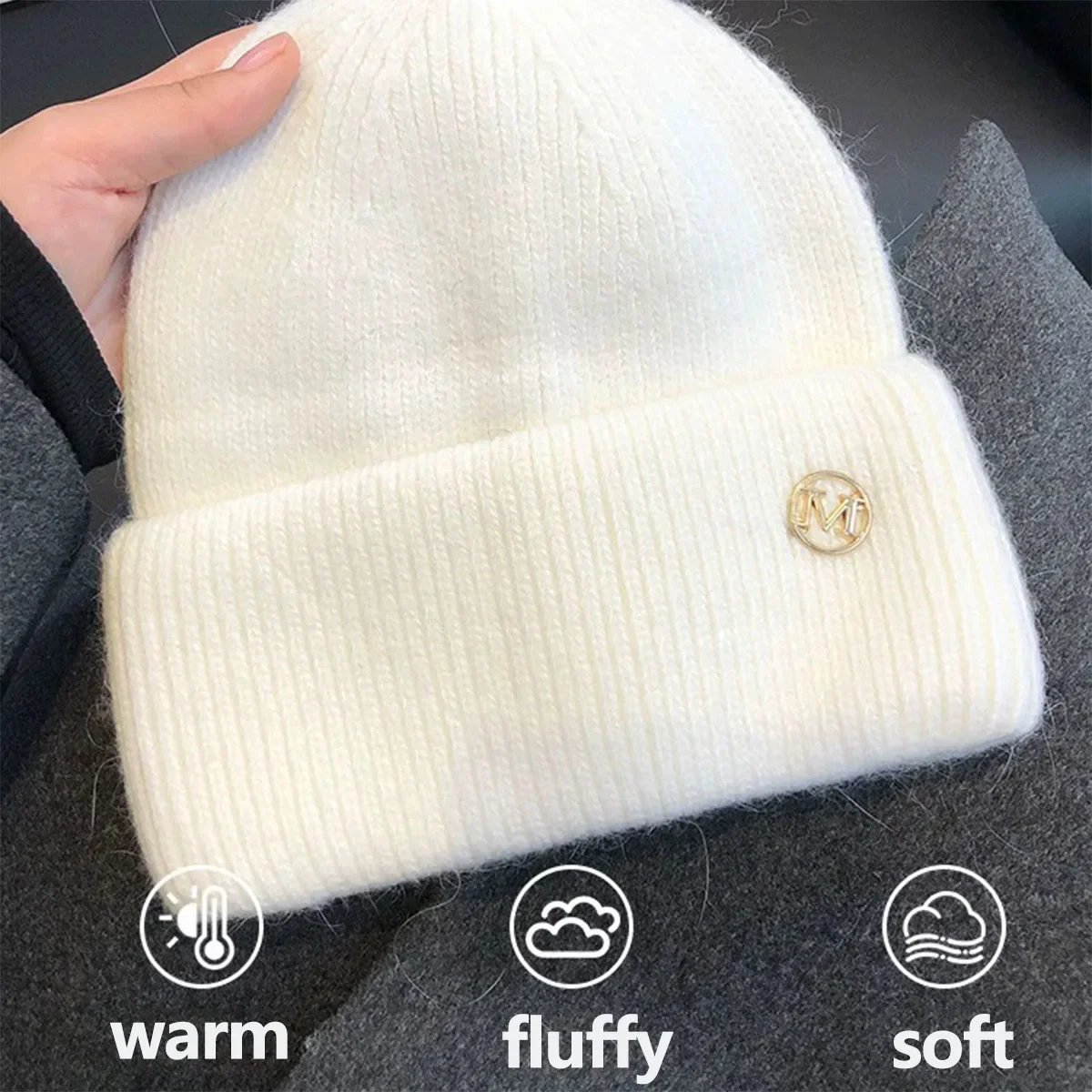Women's Winter Hats Soft Knit Beanie Warm Rabbit Fur Cute Solid Color Slouchy Cap Casual Outdoor Fashion Solid Adult Cover Head