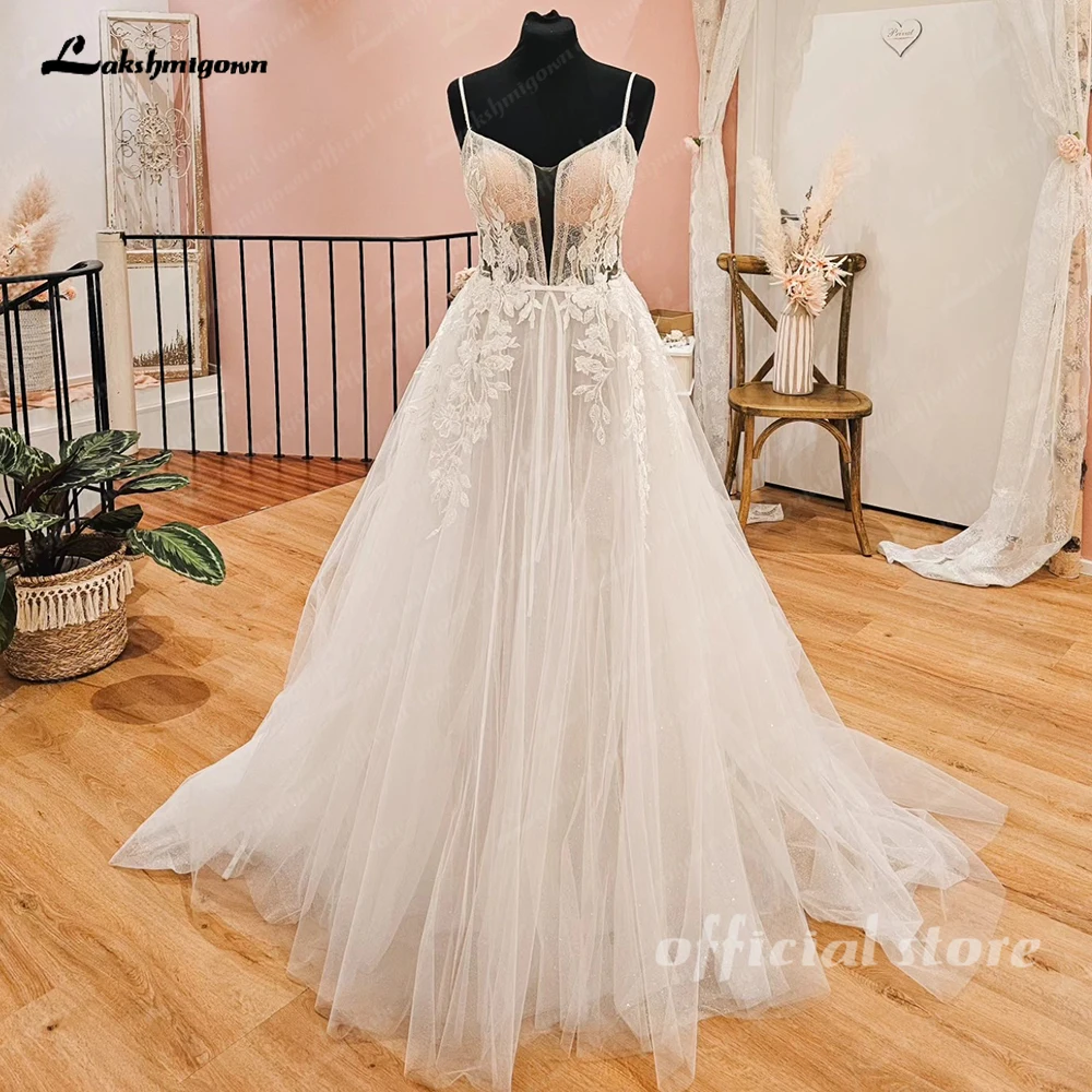 Lakshmigown Sexy Spaghetti Straps V Neck Lace Flowy Wedding Dress for Bride 2024 Wedding Gown for Women Vestidos de Nova