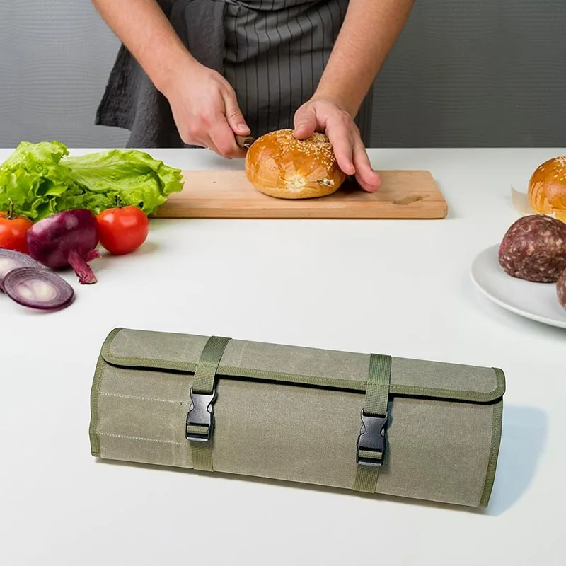 Knife Roll Bag Heavy Duty Convenient Storage Case Protection For Chefs Knives Stylish Military Green 10 Knife Slots Zipper Pocke