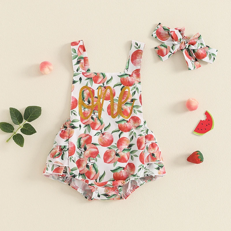 

2024-04-30 Lioraitiin Baby Girl 1st Birthday Outfits Peach Letter Print Suspender Jumpsuit Sleeveless Overalls with Headband