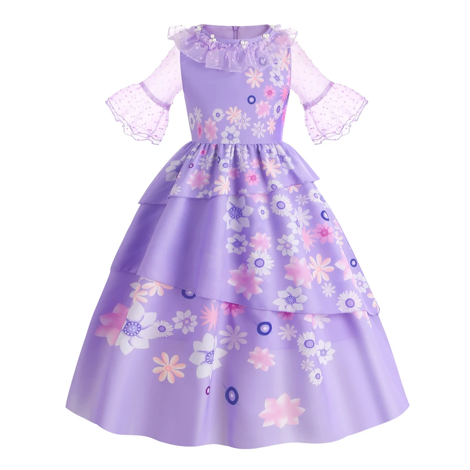 Girls Isabela Purple Floral Print Tiered Dress Sheer Mesh Flare Sleeve Ruffle Neck Birthday Party Halloween Cosplay Dress