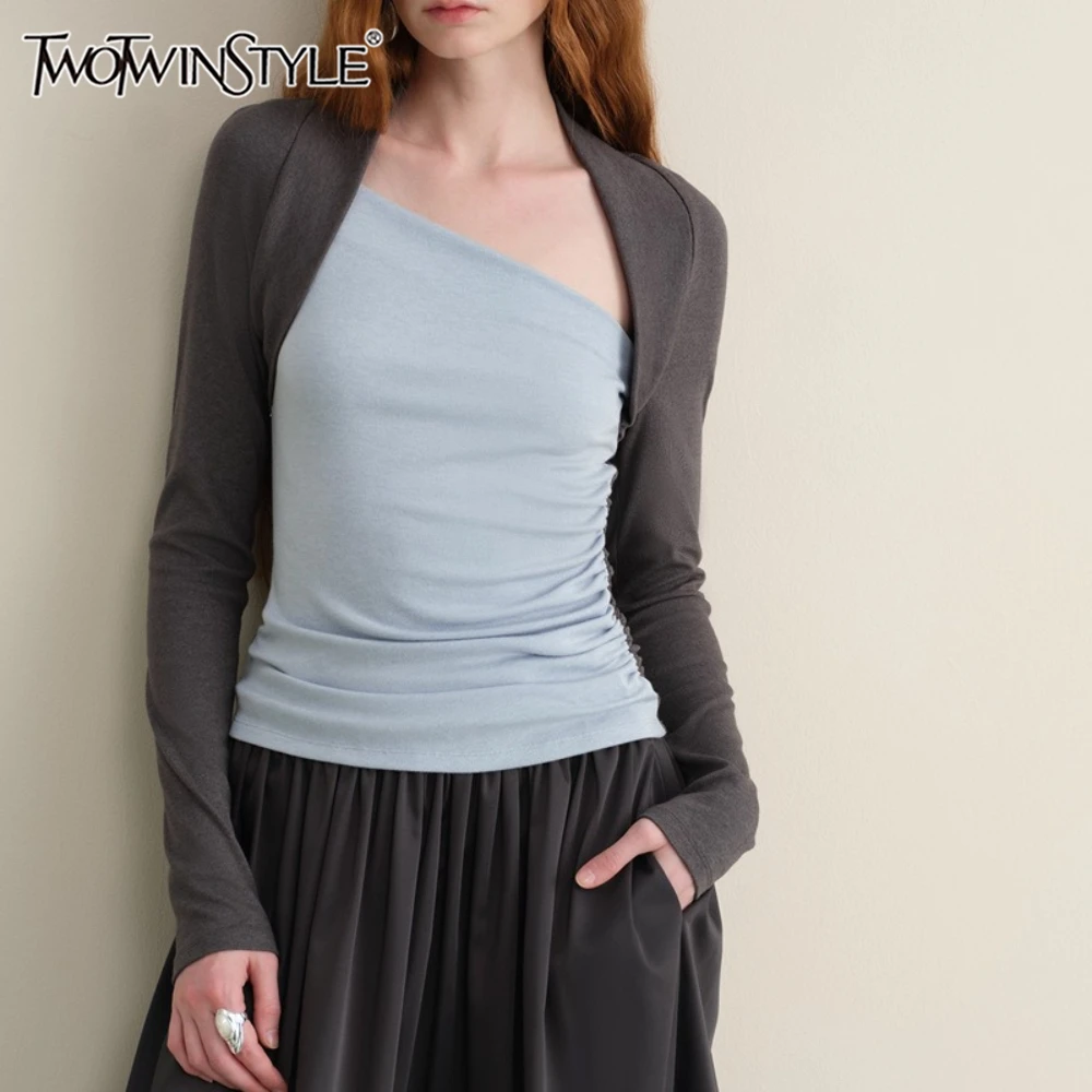 

TWOTWINSTYLE Hit Color Spliced Folds T Shirt Female Irregular Neck Long Sleeve Slimming Basics Casual Women's T Shirts Fashion