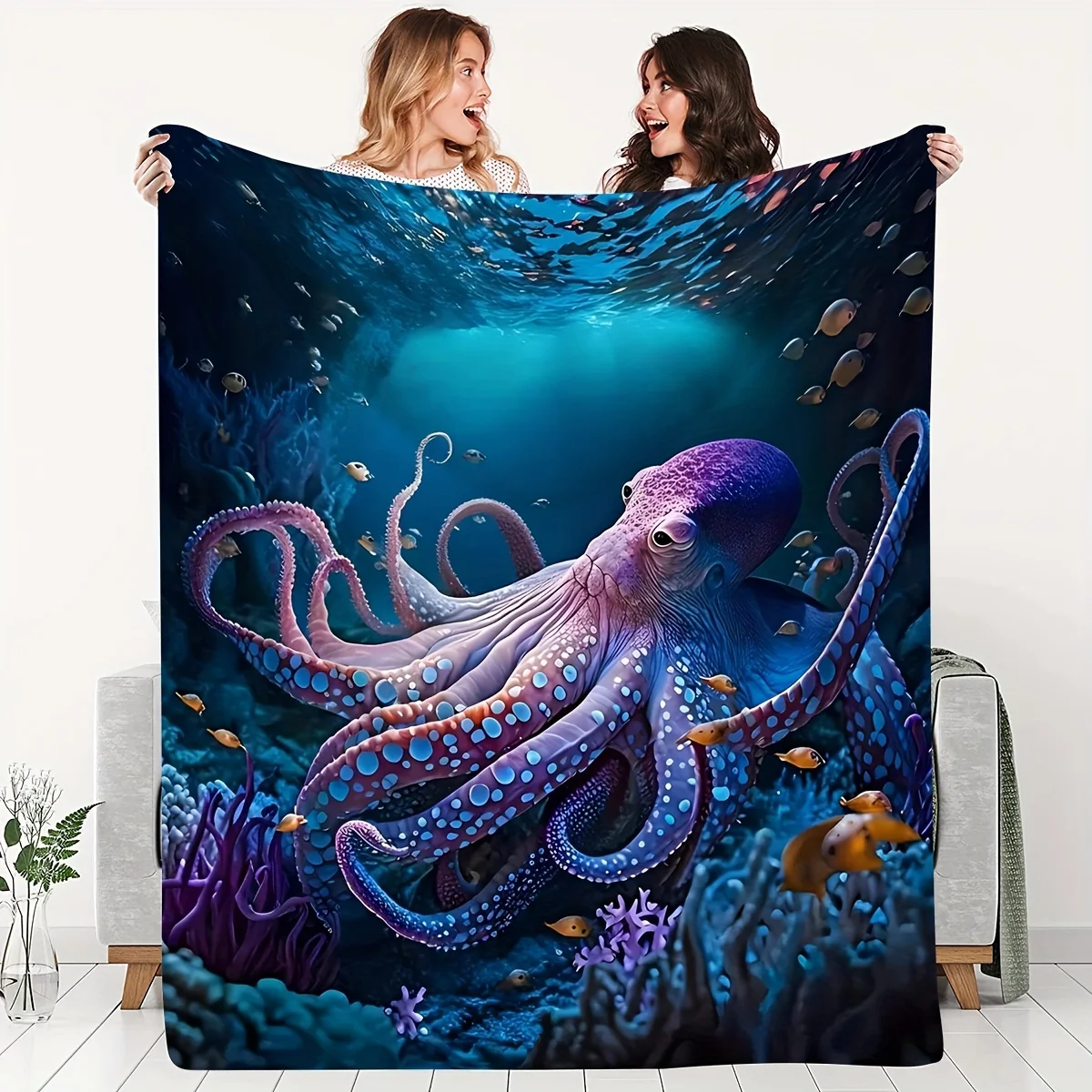 Deep Sea Octopus Ocean Life Throw Blanket Cozy Fleece Home Decor Nautical Marine Underwater Aquarium Art