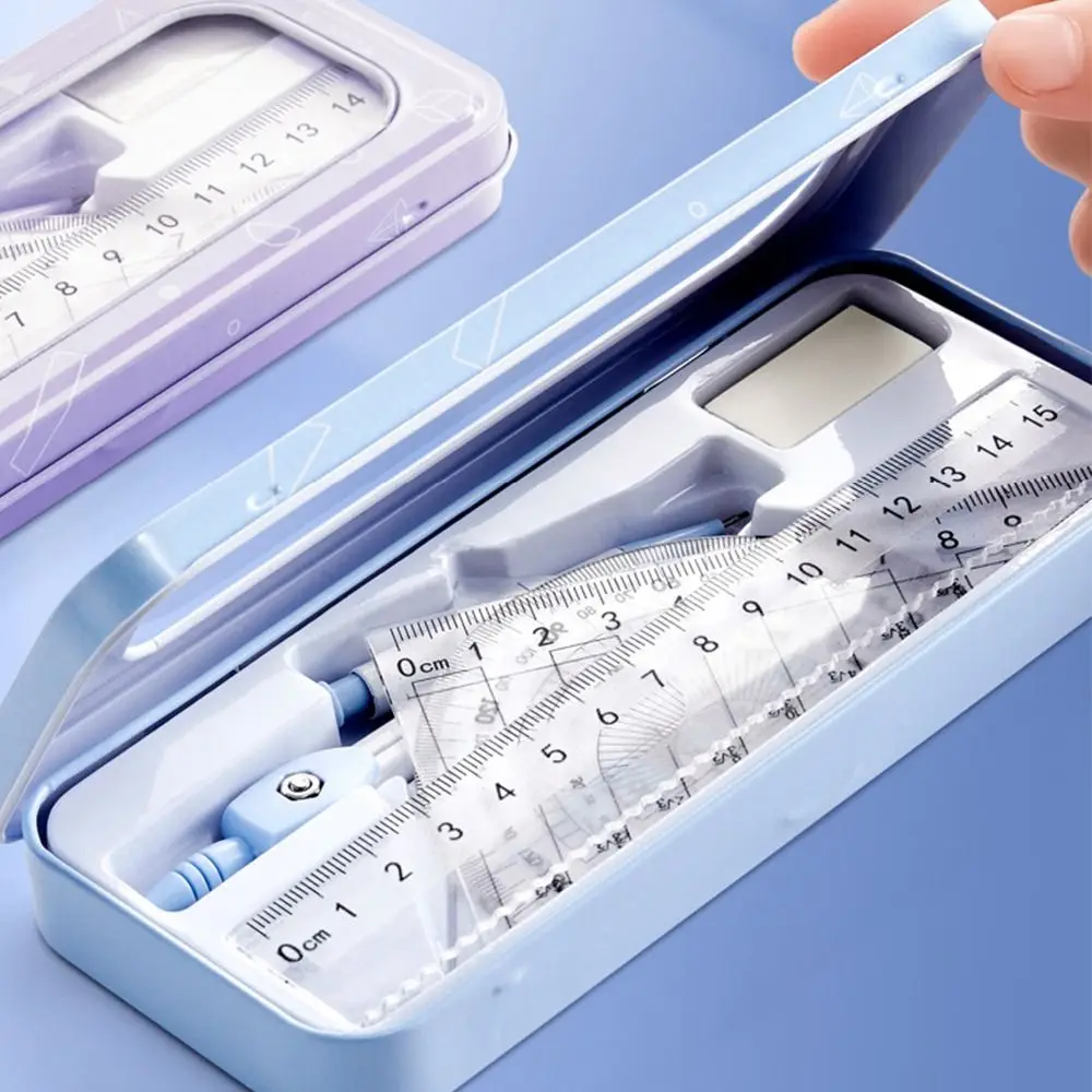 8PCS/Set Plastic Eraser Ruler Compasses Set Eraser Transparent Protractor Straight Ruler Set Square Measuring Ruler Students