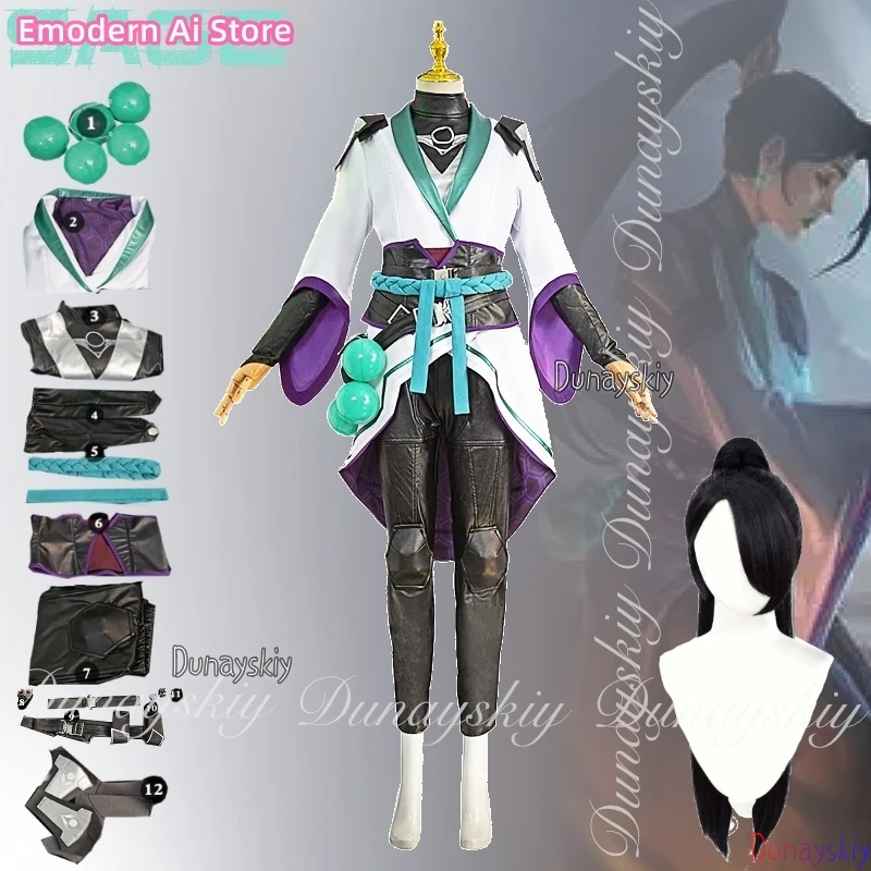 

VALORANT Game Sage Cosplay Post Wet Nurse With White Combat Uniform With The Black Long Horsetail Wig Cosplay Of Set