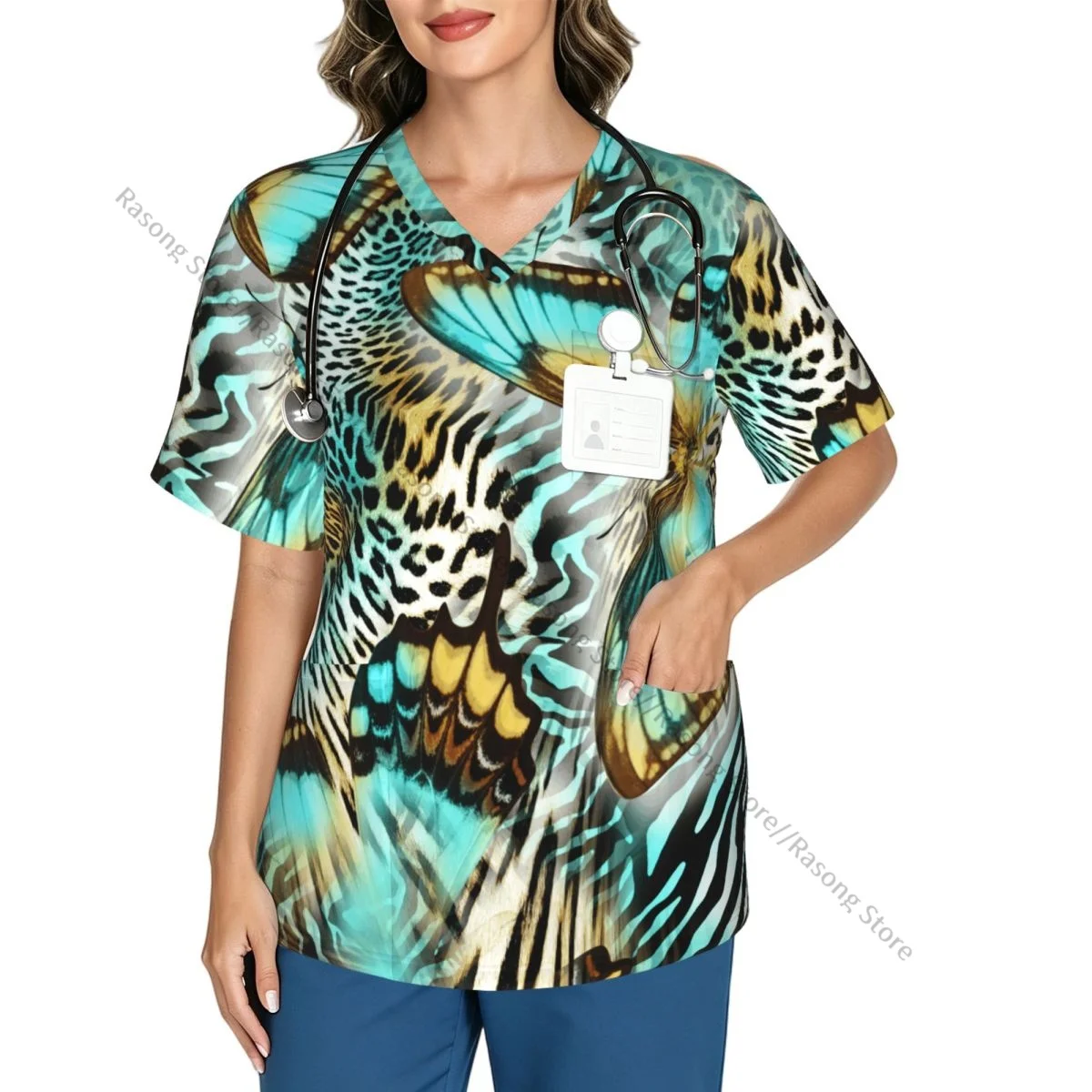 Women V Neck Scrub Top Butterfly Snake Zebra Skin Short Sleeve Nurse Hospital Uniforms Female Working Clothes with Pocket