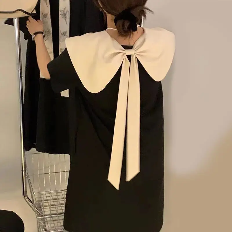 Slimming Effect Doll Collar Dress Summer New Style Front Back Wear Big Bow Color Block Design Korean Version Women's Dress