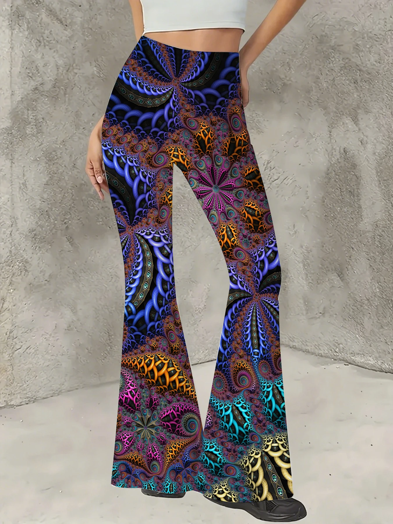 

Retro Printed Flare Pants Women High Waist Polyester Knit Bell Bottom Trousers