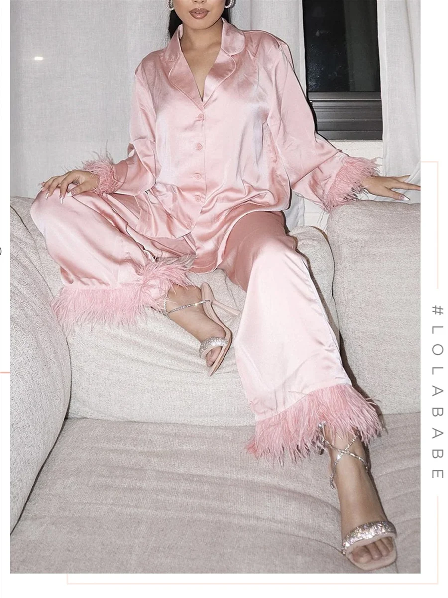 Fashion Women Satin Feather Trim Pajamas Set Solid Long Sleeve Shirt and Wide Leg Pants Cute Matching PJ Sleepwear Loungewear