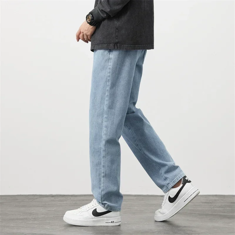 Men's Spring and Autumn Jeans Loose Straight Leg Simple Casual Elasticated Waist Trousers Washed Denim