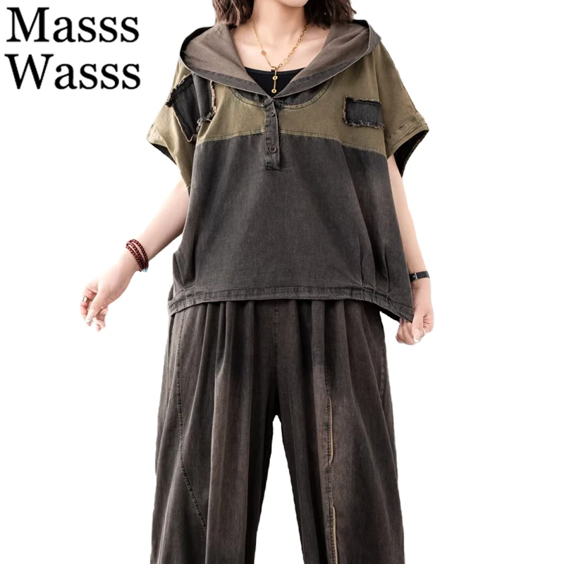 

Masss Wasss Summer Women Suits Denim 2 Pieces Sets Loose Hooded T-shirts Vintage Tops Casual Jeans Classic Pants Fashion Outfits