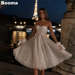 Booma A-Line Shiny Midi Wedding Dresses Sweetheart Sleeveless Glitter Brides Party Gowns for Women Tea-Length Evening Prom Dress