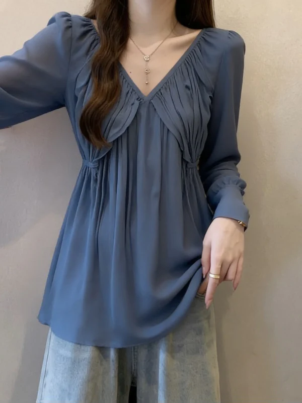 

Elegant V-Neck Shoulder-Length Women's Chiffon Top plus Size Belly Concealing Korean Style Long Sleeve Commute Fashion