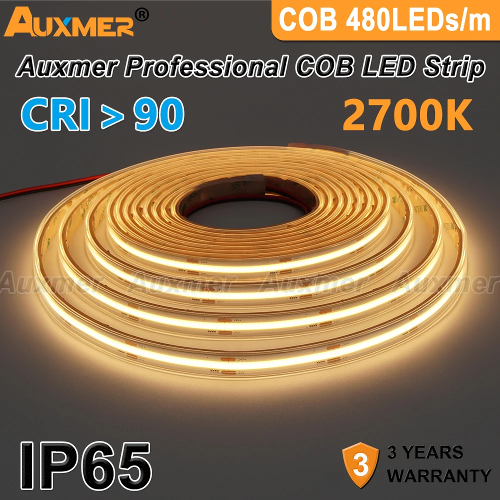 Professional COB LED Strip Lights 480LEDs/m CRI90,IP65 Waterproof,High Density LED Light Tape Dimmable,DC12/24V 16.4ft