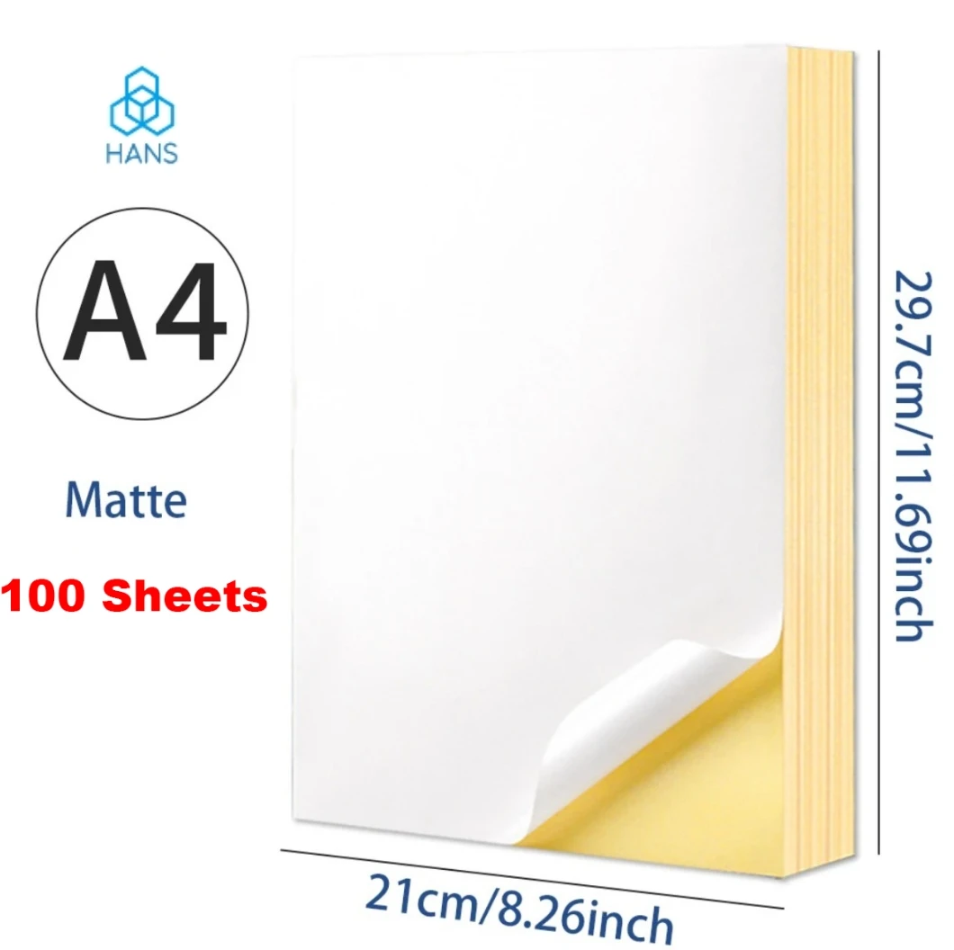 Hans，A4 100PCS Kraft Printable Sticker Self Adhesive Sticker Label Matte glossy Paper Sheet for Laser Inkjet Printer Copier