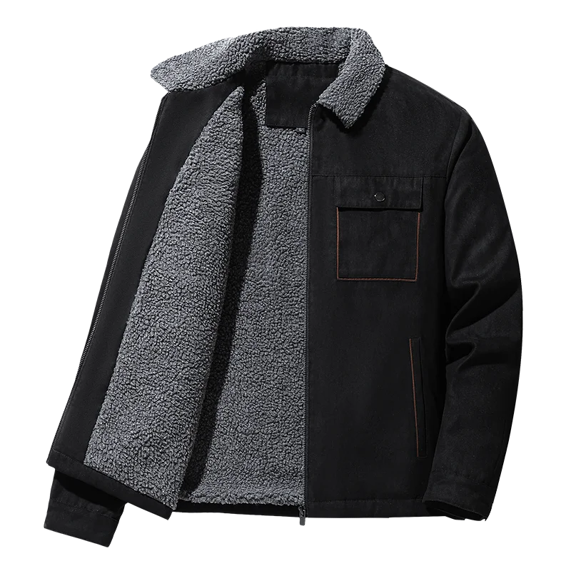 Wind‑Resistant Fleece‑lined Winter Jacket Lapel Collar Zip‑Up Outerwear Multi‑Pocket Warm Coat for Daily Commute Outdoor Trip