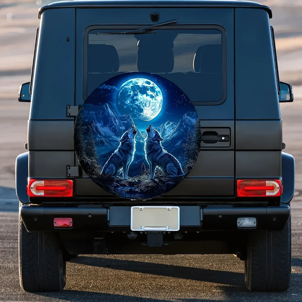 1pc Starry Night Wolf Tire Cover - Fit Durable Polyester Car Exterior Accessory With Mountain Moonlight Design, All-Weather Prot