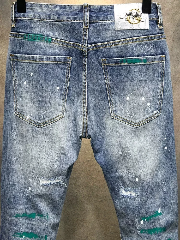 Street Fashion Men Jeans Retro Blue Elastic Stretch Skinny Ripped Jeans Men Painted Designer Hip Hop Denim Pencil Pants Hombre