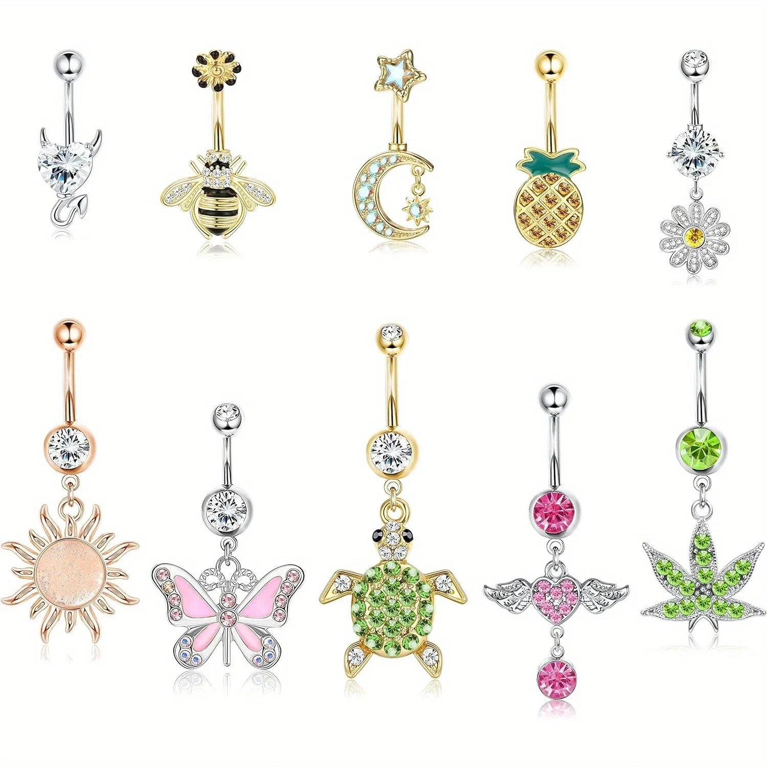 Drperfect Dangle Belly Button Ring for Women Cute Navel Rings Daisy Weed Butterfly Dangling Colorful Belly Piercing Jewelry