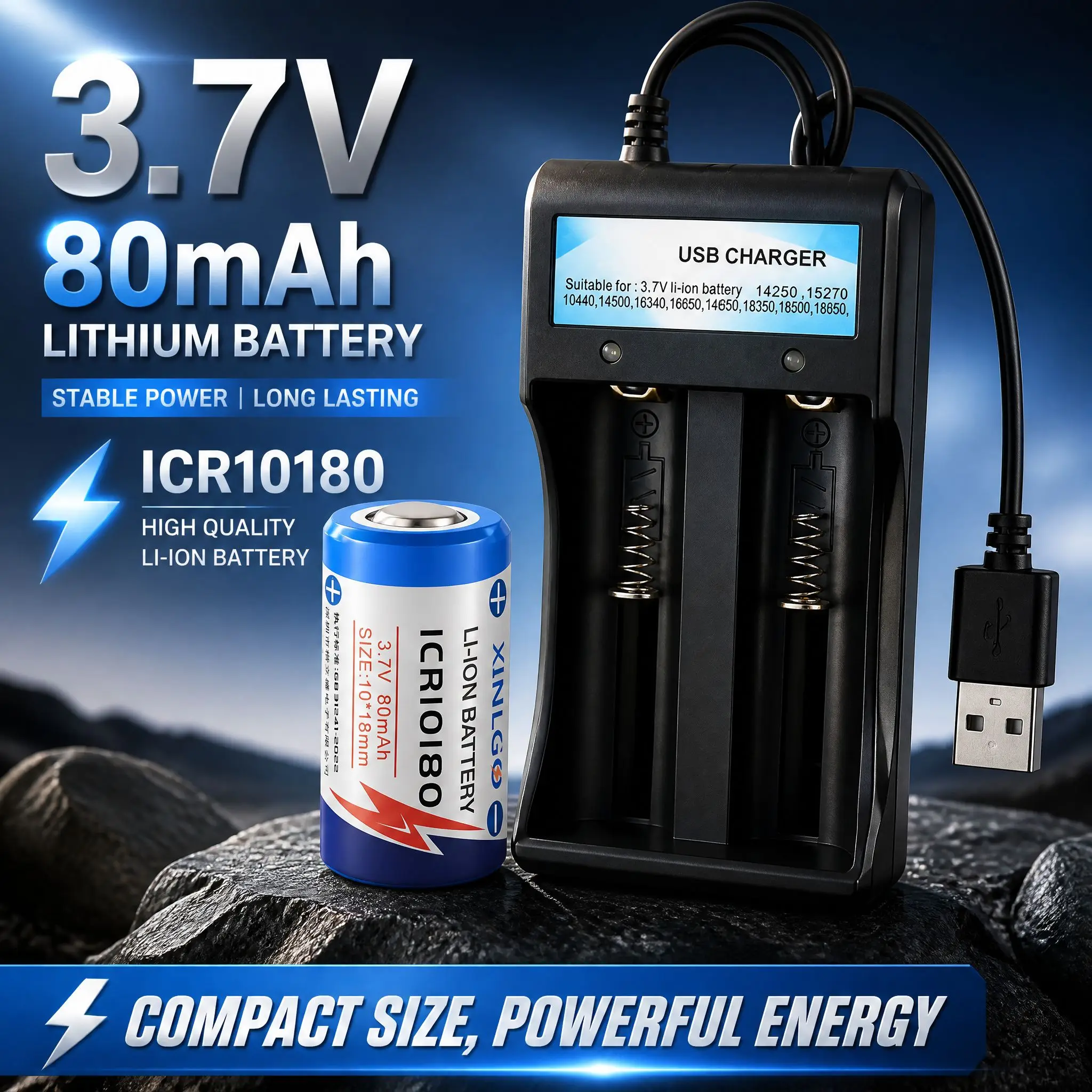 Image of 10180 3,7 V 80 mAh wiederaufladbarer Lithium-Ionen-Akku mit Ladegerät für Mini-LED-Taschenlampe, Schlüsselanhänger, Licht, Bluetooth-Lautsprechergeräte