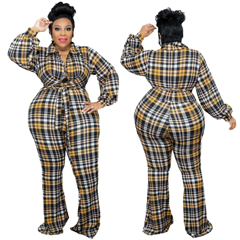 2022 Wholesale Checkered Elegant Commuter Style Plus Size Ladies 5XL Autumn Long Jumpsuit