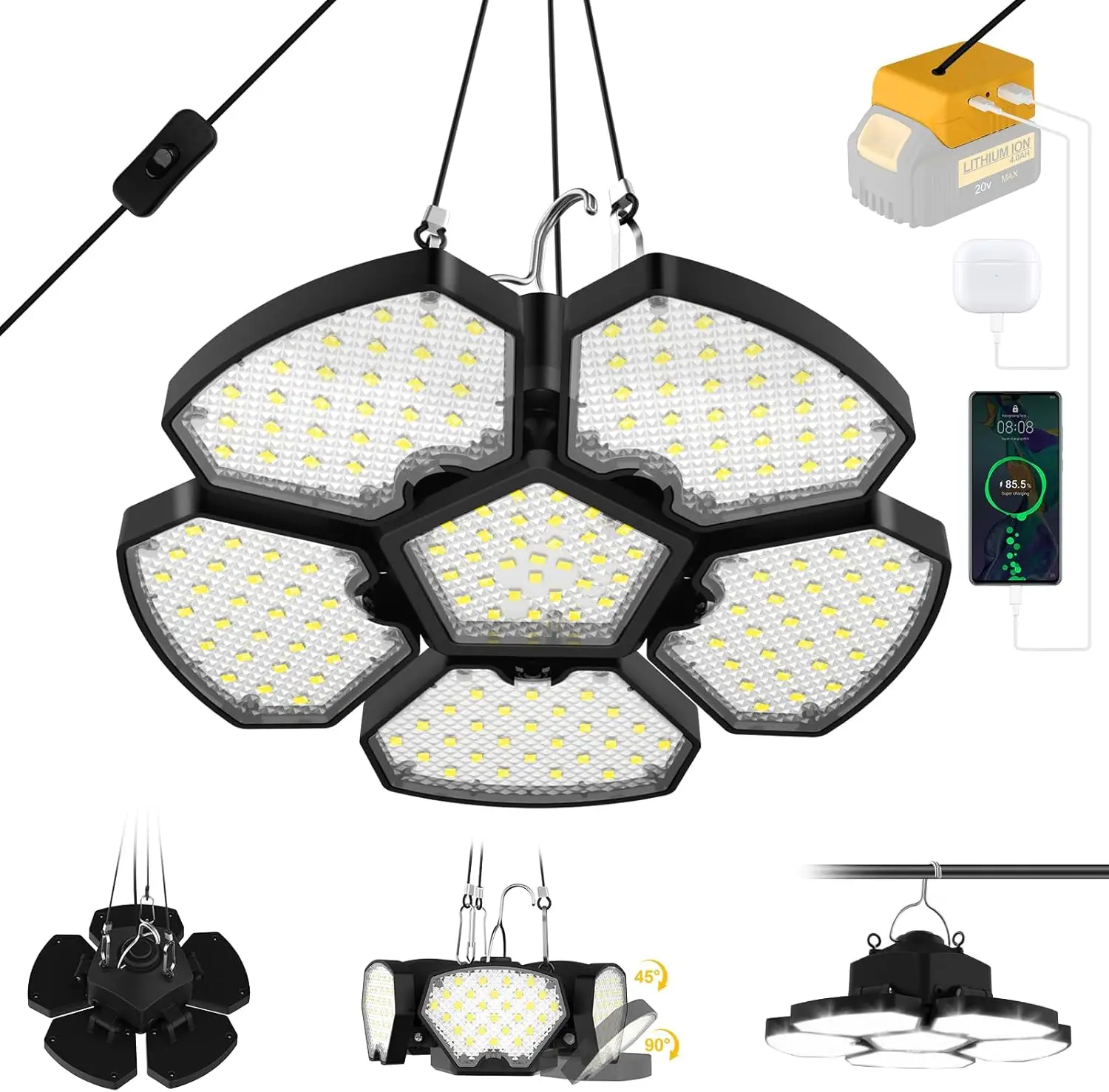 Op batterijen werkende schuurverlichting Outdoor Camping LED-werklamp Compatibel met DeWalt 6000K 20V Werkplaats Garage Noodschijnwerper