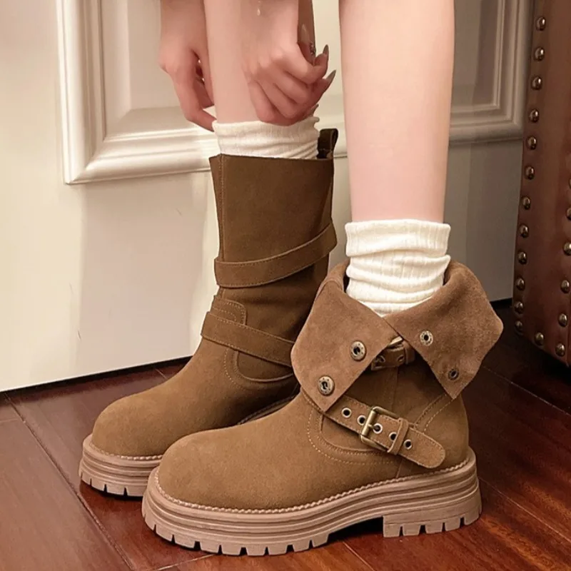 

Suede Women Ankle Boots Flats Platform Fashion Goth New Shoes 2025 Winter Woman Designer Gladiator Chelsea Short Botas Mujer