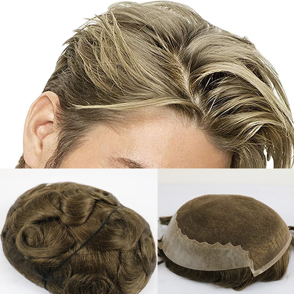 Q6 Swiss Lace Men's Toupee #18 Gold Brown Human Hair Lace & Pu Men Wigs Capillary Prosthesis Replacement System Hairpiece