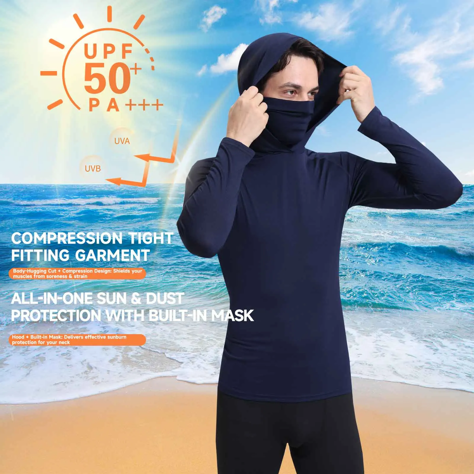 Men's Athletic Hoodie Long Sleeve Fishing Shirts, Upf 50+ Uv Sun Protection, Fitted High Stretch, Built-In Face Mask image 4