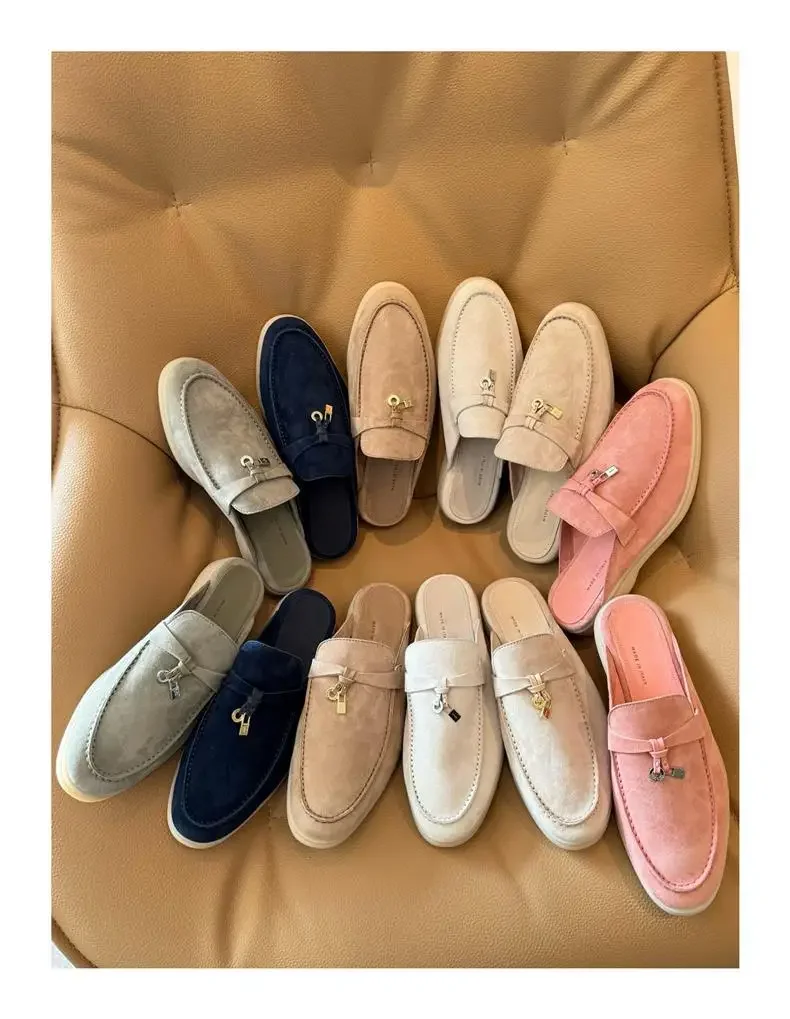 Zapatillas Baotou de estilo Retro para mujer, prendas de vestir de verano, fondo plano, cuero genuino mate, zapatos de medio tirón perezoso Muller