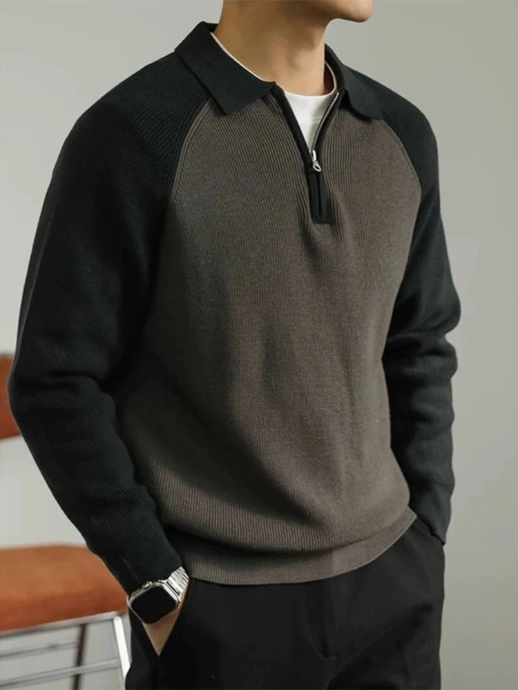 Vintage Knit Shirts Mens 2026 Autumn Leisure Lapel Breathable Shirt Tops Men Daily Casual Contrast Color Long Sleeve Pullover