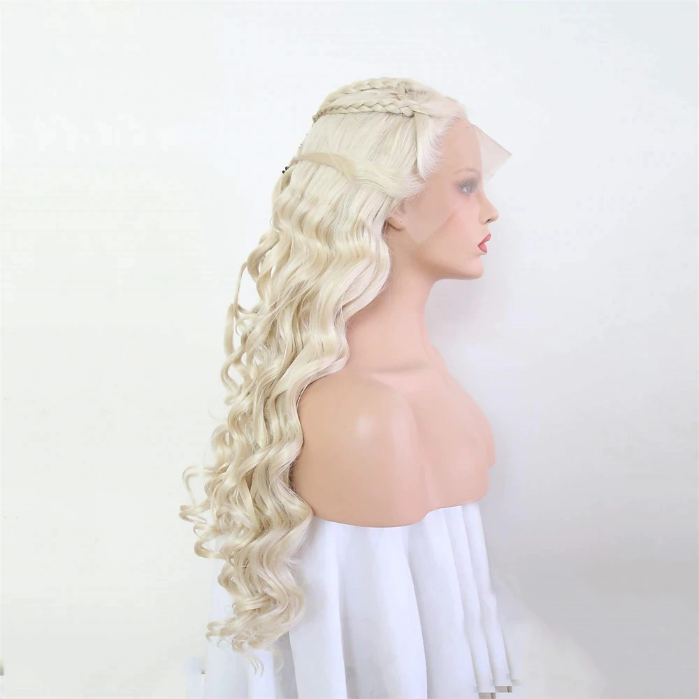 Wig Depan Renda Sintetis Gelombang Tubuh Pirang dengan Enam Anyaman Sebelum Dipetik Tanpa Lem Setengah Tangan Terikat Wig Cosplay